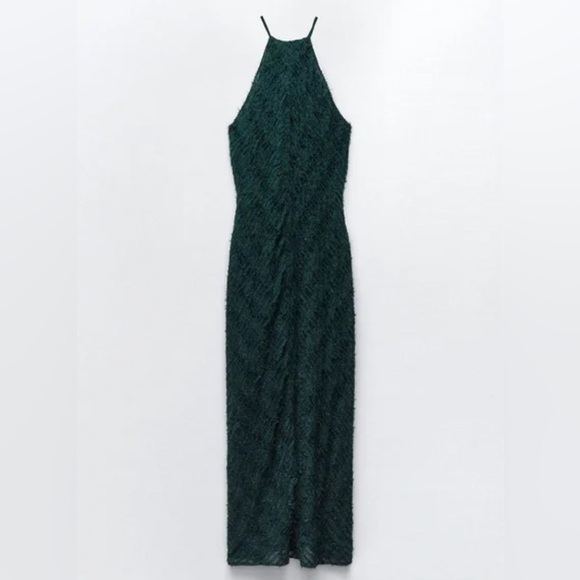 Zara HALTER DRESS WITH FRINGE. Bottle Green. Size S. New with Tags. - Picture 11 of 12
